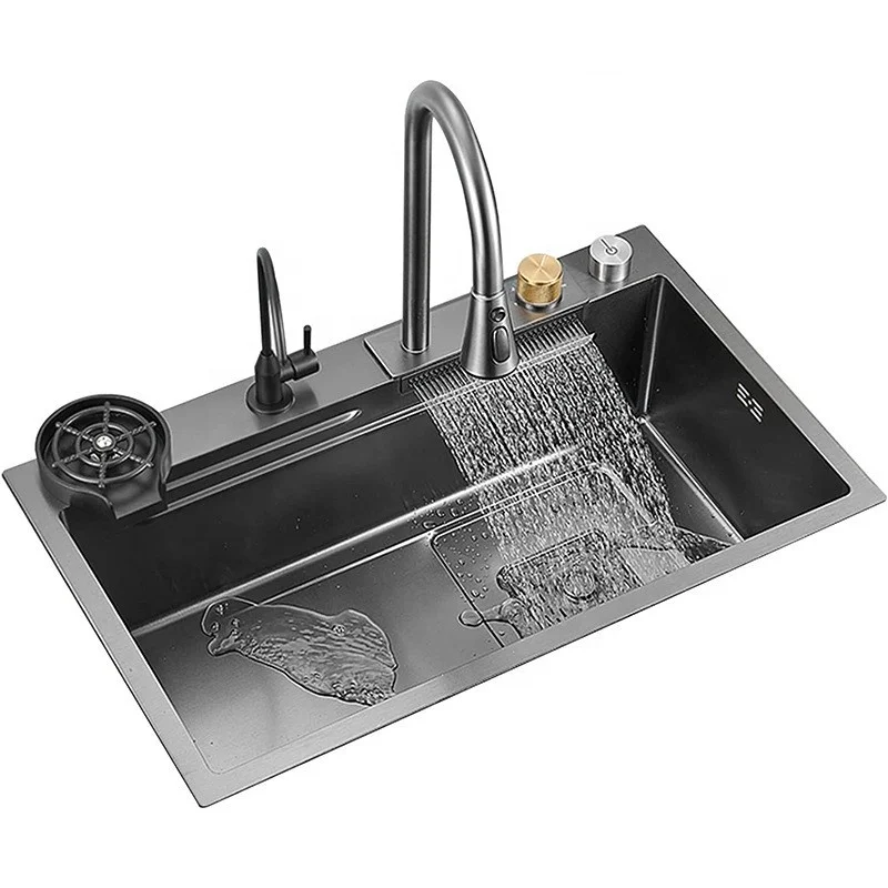 

Complete Whole Set Waterfall Kitchen Sink Stainless Steel Sinks Big Single Bowl with Dish Rack Under Mount 75x46cm