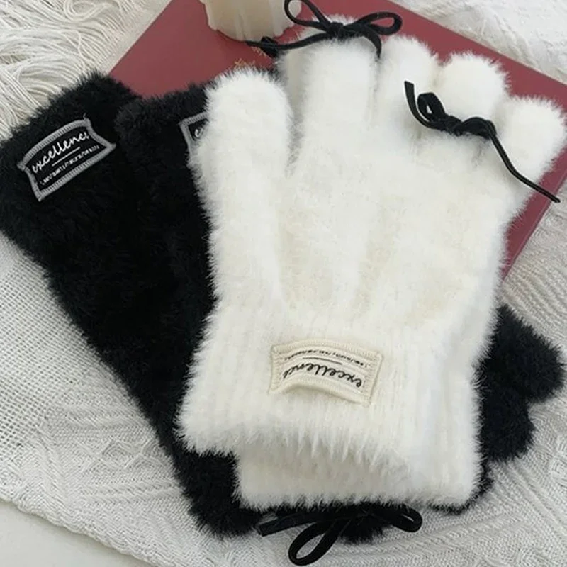 

Kawaii Fur Winter Thickened Gloves Fullfinger Y2K Women Soft Mink Fleece Lolita Bow Tie Gloves Mittens Accessories New Year Gift