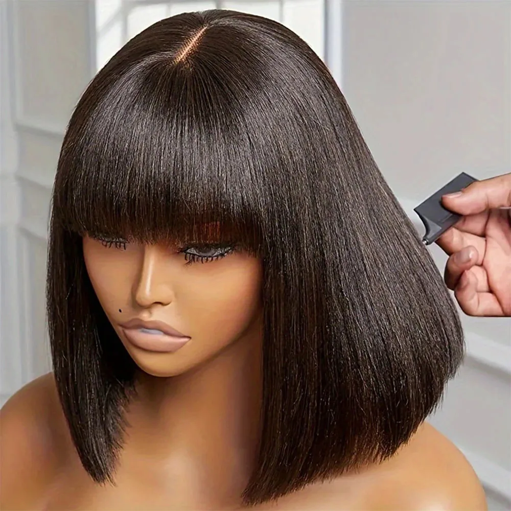 

Glueless Wig Human Hair Ready To Wear Straight Bob Wig With Bangs For Women 2x1 HD Lace Wig Realistic Look Scalp Blunt Cut Hair