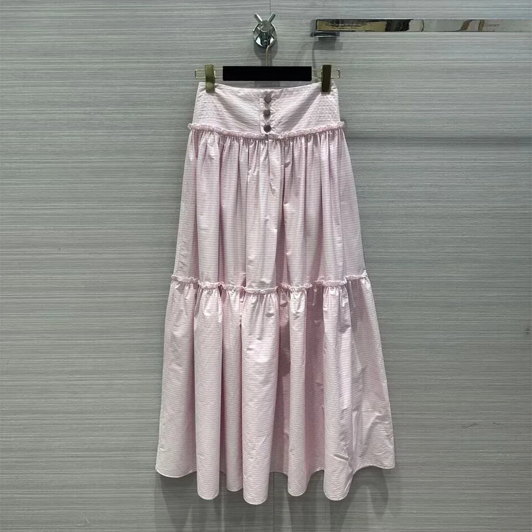 

Fashion Sweet Long Skirts Womens 2024 New Spring High Waist Buttons Pink Stripes Pattern Big Bottom Cute Maxi Skirt