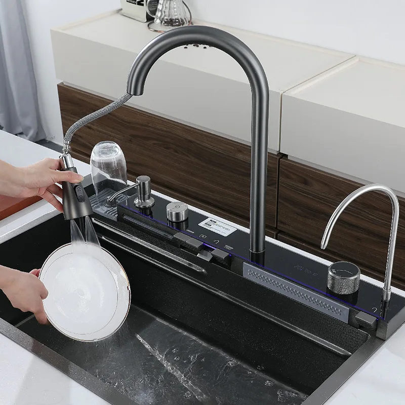 Stainless steel integrated molding household digital display waterfall kitchen washing vegetable flying rain faucet sink set
Stainless steel integrated molding household digital display waterfall kitchen washing vegetable flying rain faucet sink set