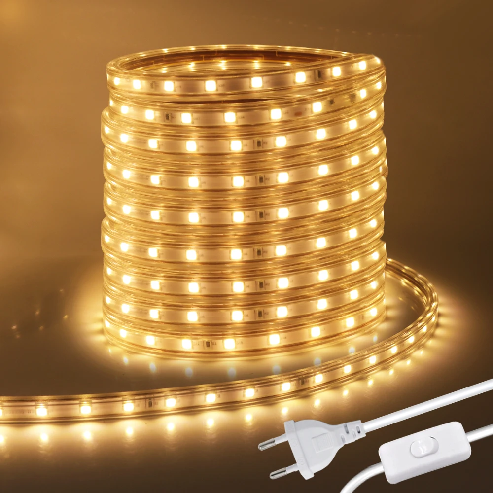 

220V Waterproof Outdoor LED Strip 5050 60LEDs/m Flexible LED Tape 5M 10M 15M 20M 25M Home Lamp Strip With Switch EU Power Plug