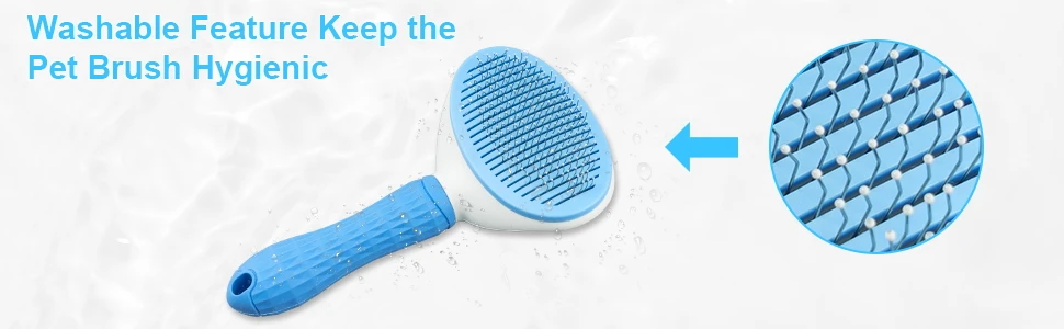 Self-Cleaning Pet Brush | Dogs & Cats, Grooming Tool A wide banner image with the text "Washable Feature Keep the Pet Brush Hygienic," showing the blue brush against a water-splash background. A circular inset highlights the stainless steel needles with rounded massage tips for skin protection.
