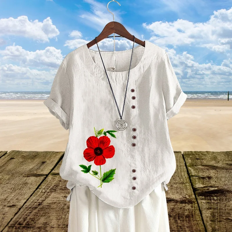 

Женская винтажная свободная футболка из хлопка и льна с принтом