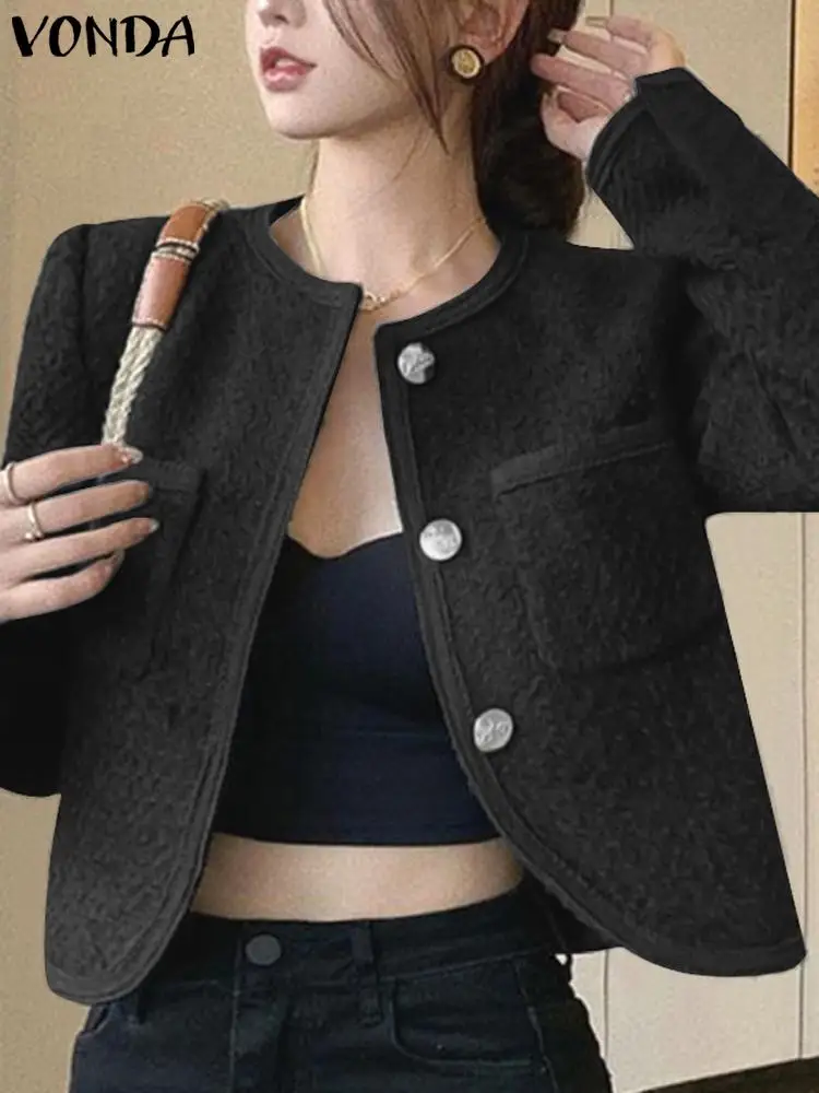 

Женский Осенний элегантный офисный Блейзер VONDA, модные пальто 2023, повседневный однотонный Блейзер на пуговицах с длинным рукавом и карманами в уличном стиле