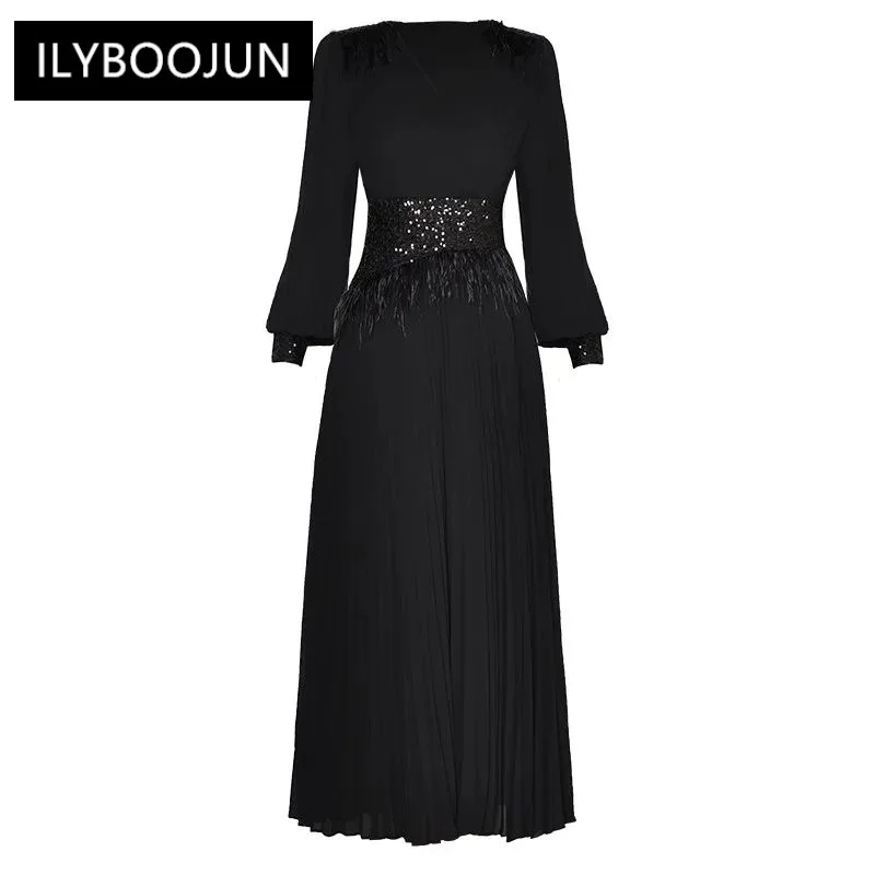 AutumnDress Women V-Neck Lantern Sleeve Feathers Sequins Patchwork Elegant Party Pleated Black For Women 2023 Luxury Brand High
AutumnDress Women V-Neck Lantern Sleeve Feathers Sequins Patchwork Elegant Party Pleated Black For Women 2023 Luxury Brand High