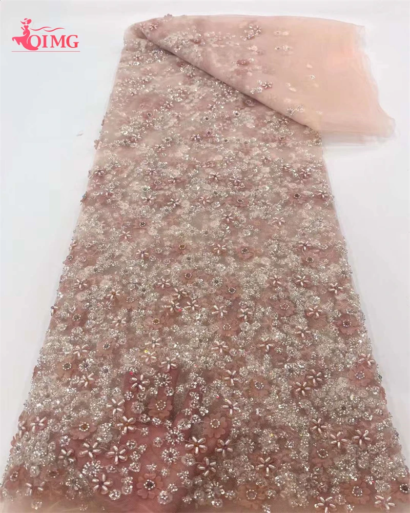 

OIMG Peach Tulle Lace Fabric Sequences Embroidery Fabrics Beaded African Lace Fabric 2023 High Quality Nigerian French for Party