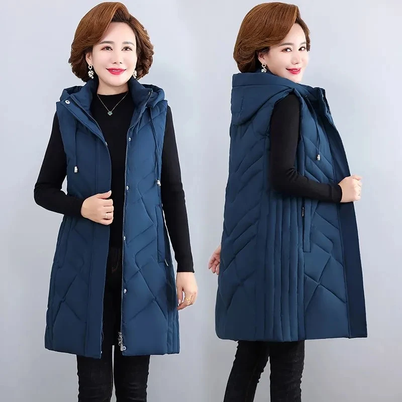 

Middle-aged Mother Winter Down Cotton Vest Jacket Women Thick Parka Hooded Sleeveless Jacket Coat Female Long Waistcoat 5XL 6XL