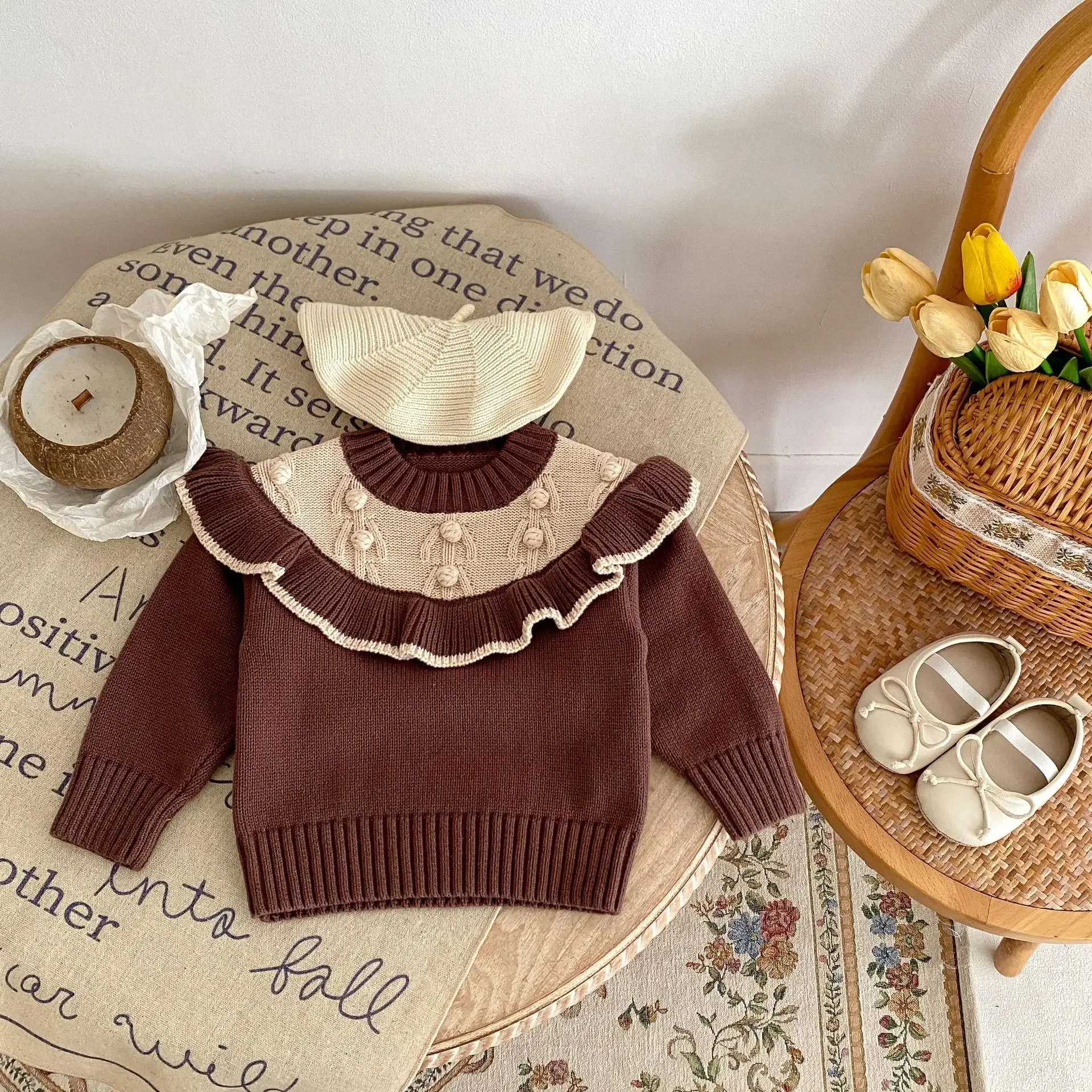 

Sweater Autumn Season Tide Baby Clothing Manual Ball Crochet Insert Knitting Tops Striped Round Collar Simple Splicing