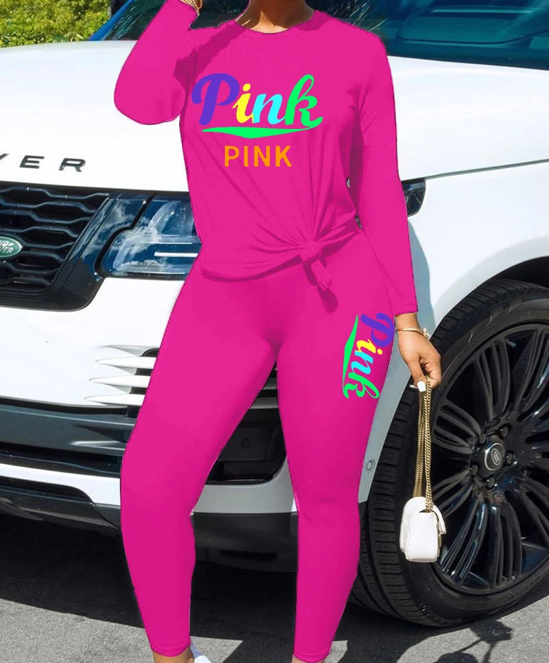 

Plus Size Women Casual Set PINK Letter Print Tracksuits 2 Piece Sets Tops + Long Pants Jogger 2PCS Outfits Sweatsuits