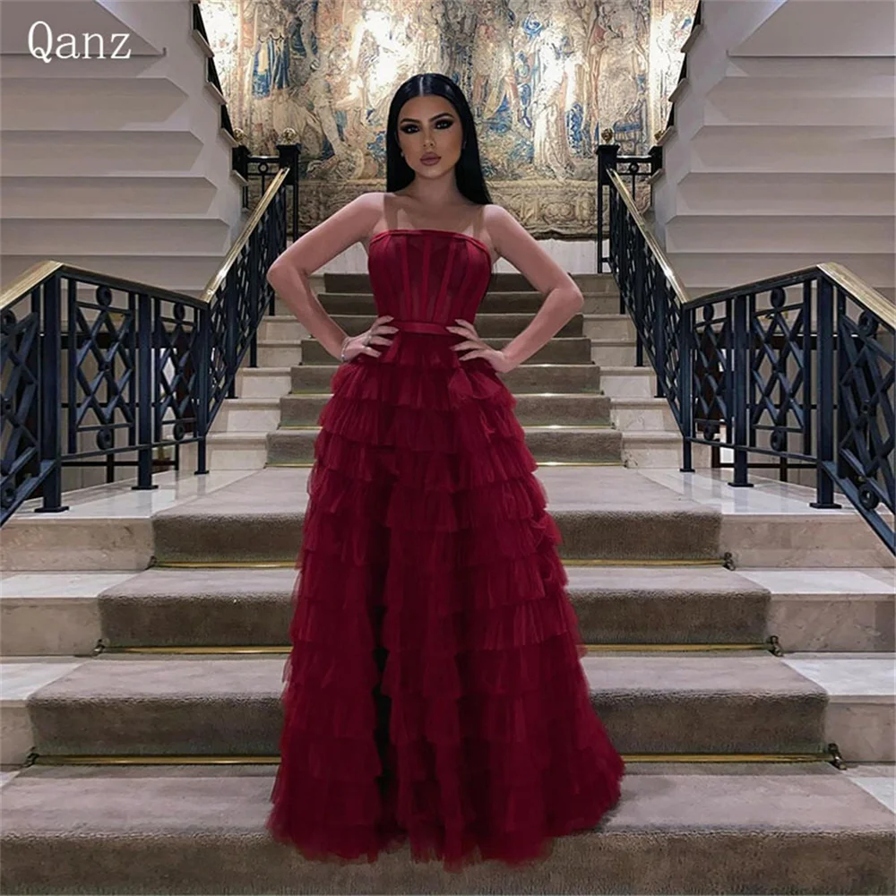 

Qanz Burgundy Formal Evening Dresses Tulle Tierd Ruffles Arabia Dubai Strapless Floor Length Corset Back Wedding Party Dress