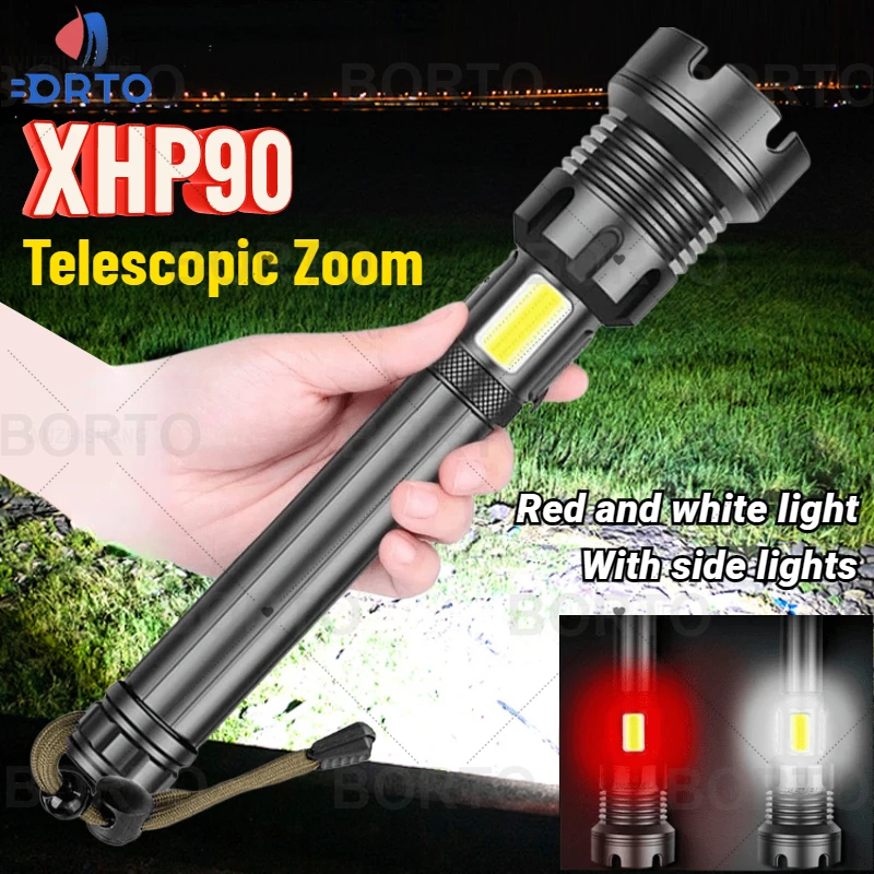 

XHP90 Powerful LED Flashlight USB Rechargeable Telescopic Zoom Torch Flstar Fire Outdoor Camping Power Display 7 Modes Lantern