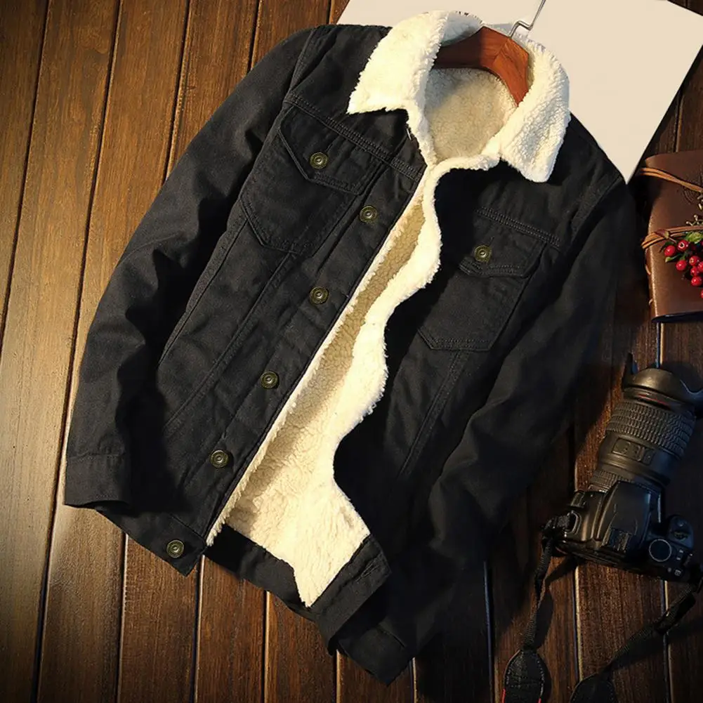 

Popular Denim Coat Comfy Men Jean Jacket Plush Lining Lapel Buttons Jean Jacket Windproof