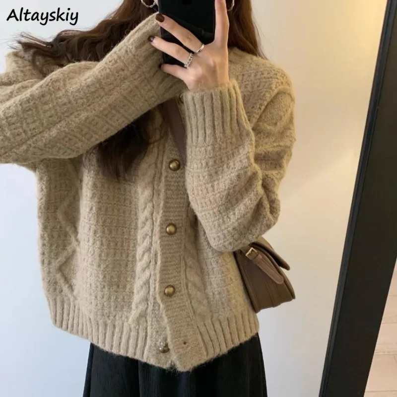 

Korean Cardigans Women Gentle Long Sleeve Sweaters All-match Preppy O-neck Knitted Outwear Autumn Winter Tender Solid Stylish