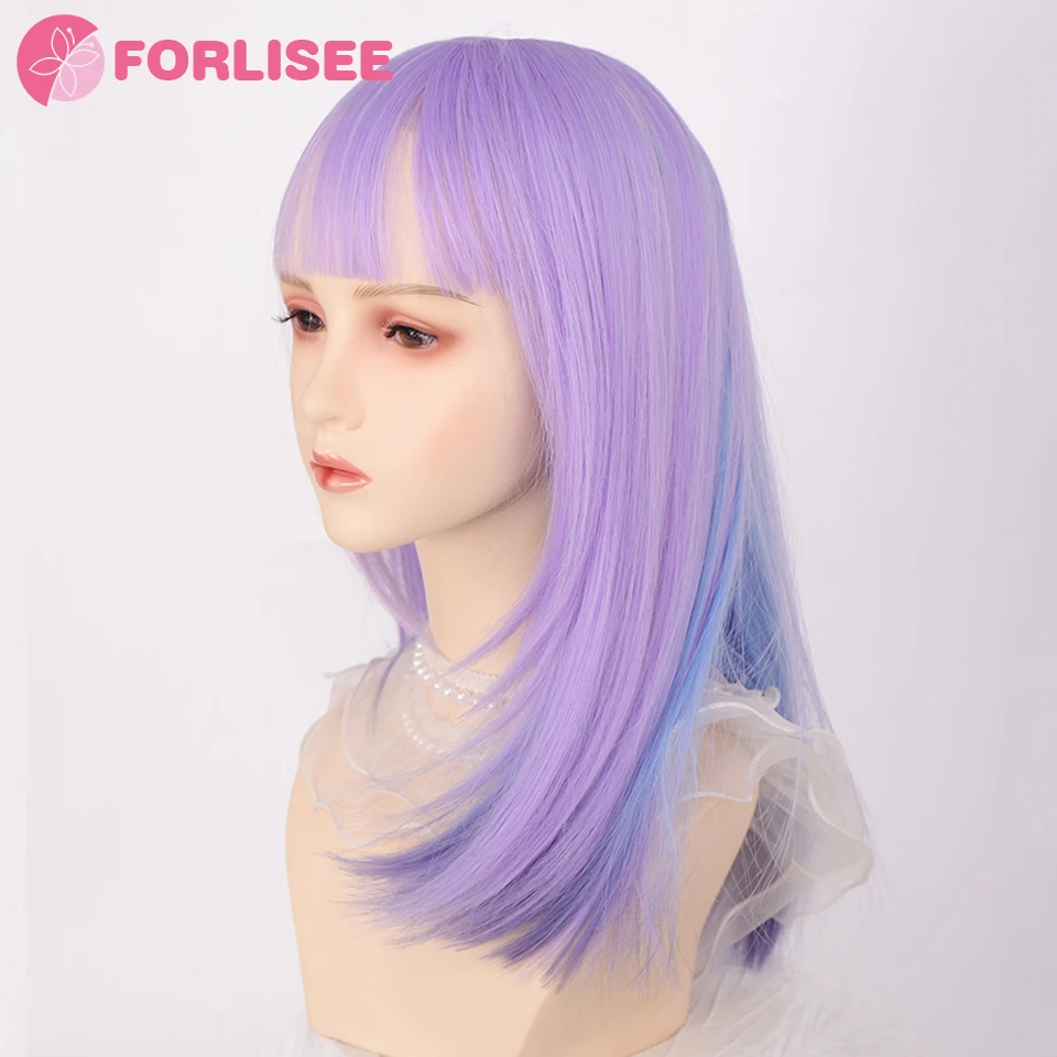 

Парик FORLISEE женские длинные волосы средней длины Лолита синие фиолетовые волосы до ключиц натуральные Универсальные Ежедневные Искусственные парики