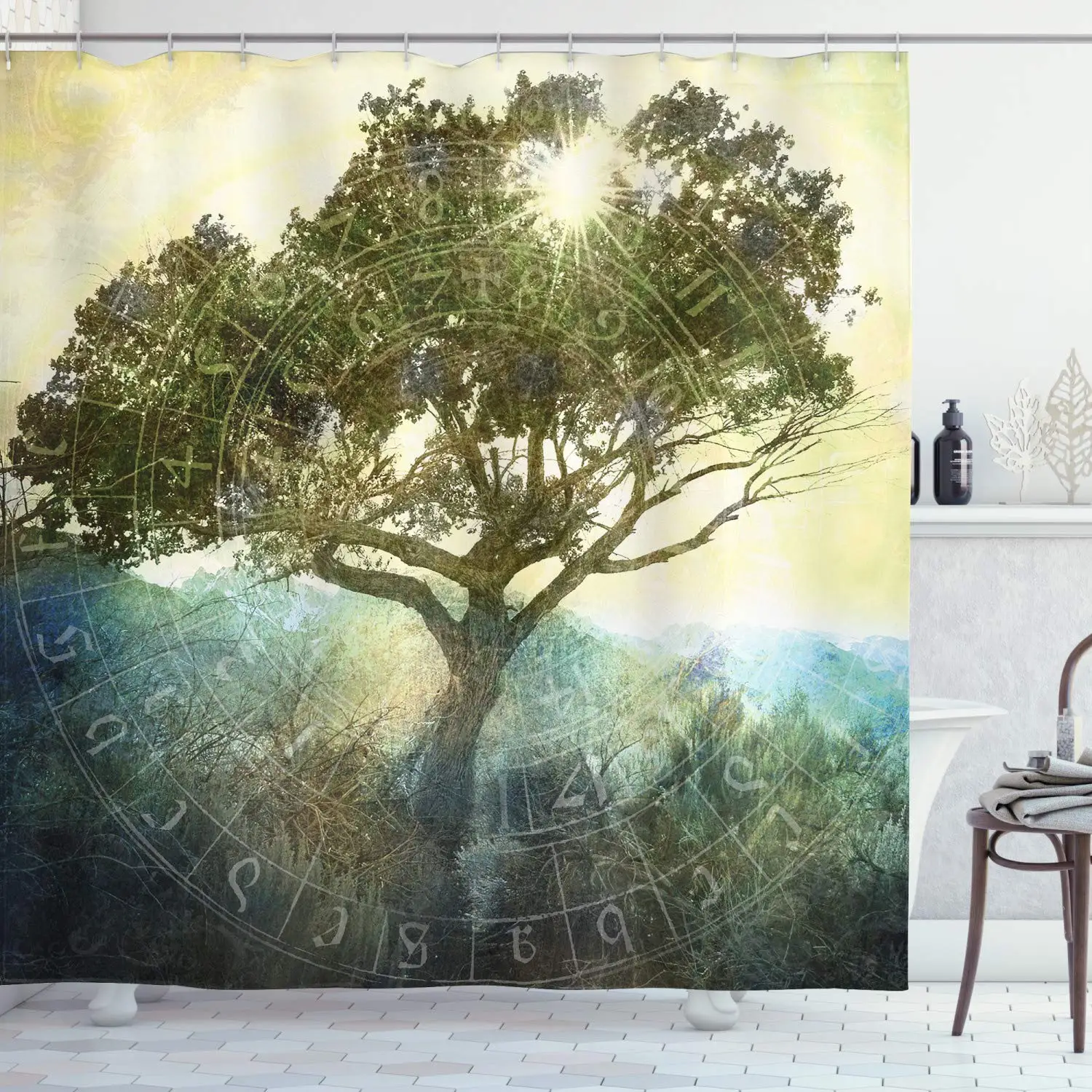 Tree of Life Astrology Shower Curtain, Sun Beaming Through Tree Astrology Chart Bohemian Style Fabric Bathroom Decor with Hooks
Tree of Life Astrology Shower Curtain, Sun Beaming Through Tree Astrology Chart Bohemian Style Fabric Bathroom Decor with Hooks