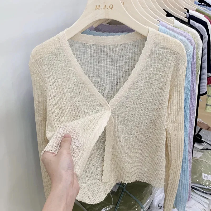 

Hdspq Solid Color Thin Knitted Cardigans Women 2023 Autumn All Match Cropped Cardigan Coats Woman V Neck Long Sleeve Knitwear