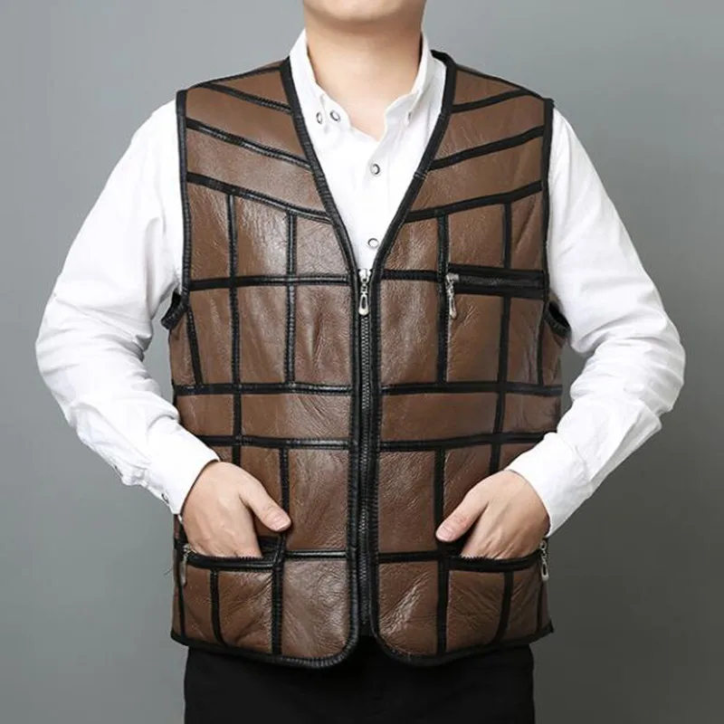 Men Winter Leather Vest Men's Suit Leather Waistcoat Sheepskin Warm Wool Vests Genuine Leather Patchwork Tops
Men Winter Leather Vest Men's Suit Leather Waistcoat Sheepskin Warm Wool Vests Genuine Leather Patchwork Tops