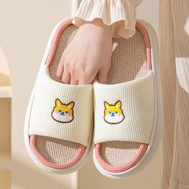 

Cute Thick Bottom Linen Slippers Female Stepping Shit Sense Indoor Home Non-slip Couple Four Seasons Home Cotton Linen Floor