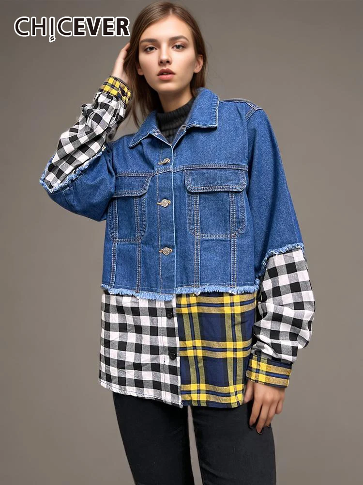 

CHICEVER Patchwork Denim Casual Loose Jackets For Women Lapel Long Sleeve Single Breasted Minimalist Colorblock Coats Female New
