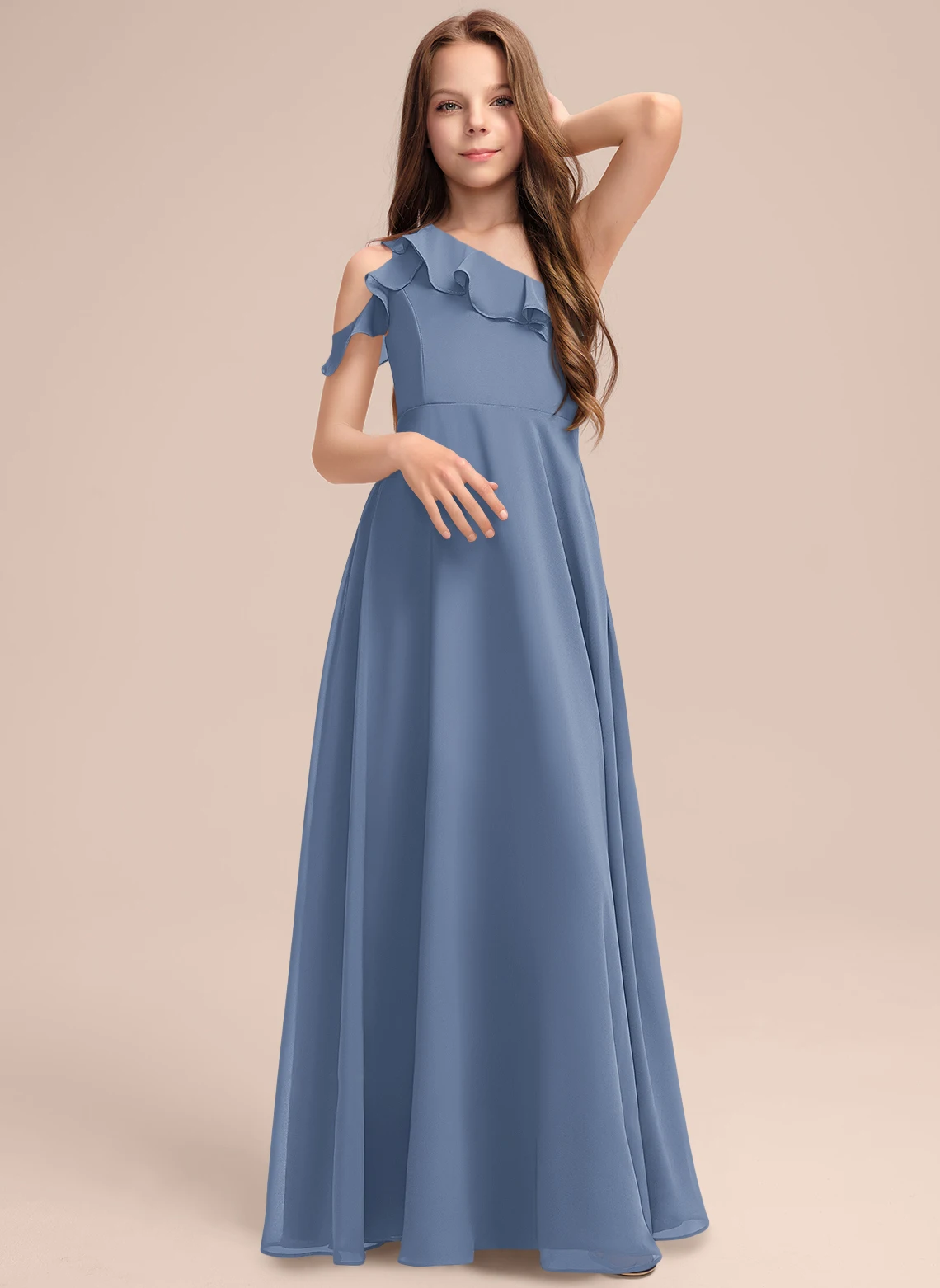 

YZYmanualroom Chiffon Junior Bridesmaid Dress With Cascading Ruffles Customize A-line One Shoulder Floor-Length 2-15T