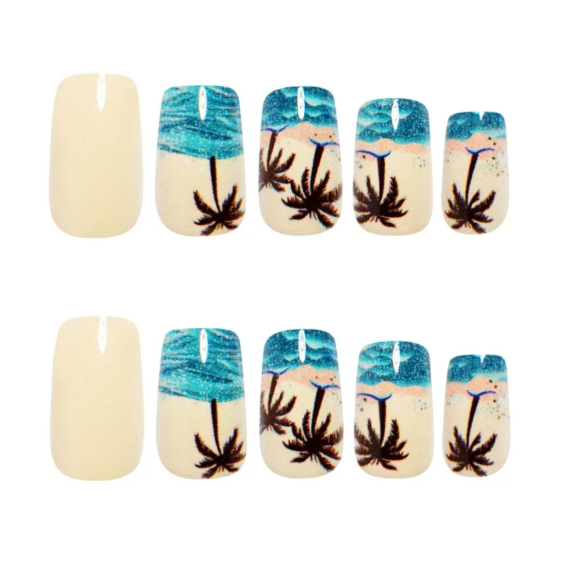 24PCS Summer Ocean Press on Nails Romantic Sunset with Coconut Tree Patterns Glitter French Fake Nails Fashionable Square Nails 15 S187c6bbd1fe14840a2dfe0a7c67d1ce9r