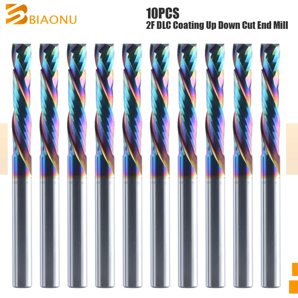 

Biaonu 10Pc DLC Coated 2 Flutes Spiral Compression Milling Cutter 3.175/4/6mm CNC Router Up Down Cut Carbide Wood End Mill Tools