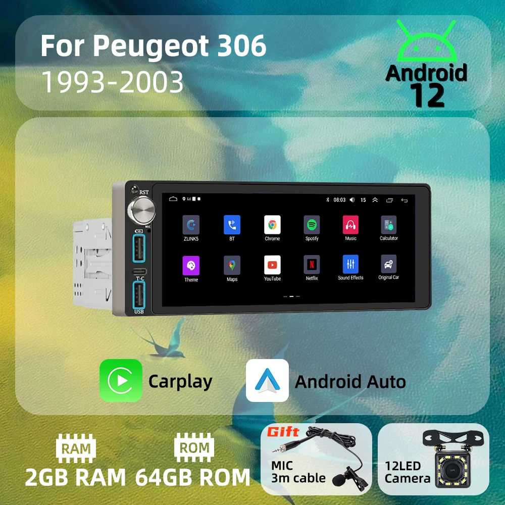 

6.86" Screen Android Car Multimedia for Peugeot 306 1993-2003 1 Din Radio Stereo Head Unit Autoradio Carplay GPS Navigation WIFI