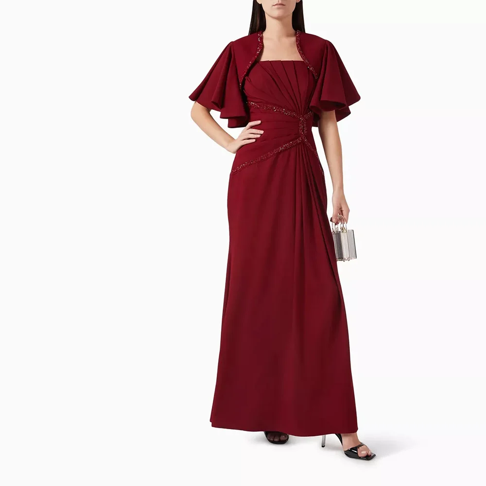 

Sevintage Red A-Line Prom Dresses Cap Sleeves Pleat Ruched Saudi Arabic Evening Gowns Formal Occasion Dress