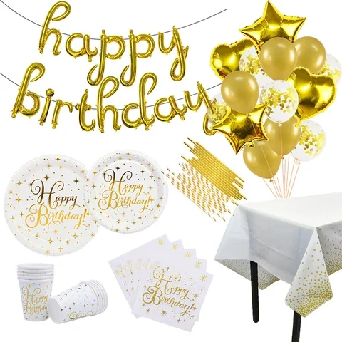 

Happy Birthday Disposable Tableware Gold Dots Birthday Party Decorations Supplies Napkins Paper Plates Cups Birthday Dinnerware