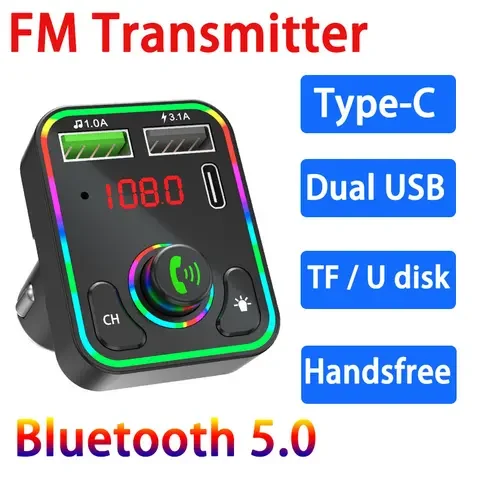 

Light Ambient Bluetooth 5.0 FM Transmitter Type-C Car Kit Charger Dual USB Audio Receiver Handsfree MP3 Player Music U Disk play