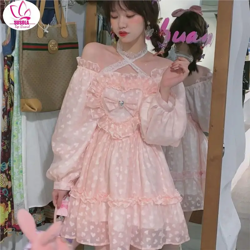 

Autumn Pink Sweet Lolita Dress Women Japanese Kawaii Fairy Party Mini Dress Female Korean Lace Halter Cute Princess Dress Lady