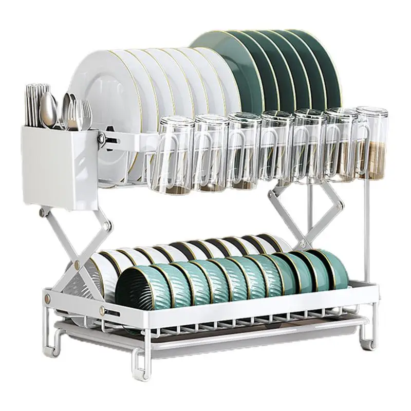

2 Tier Dish Drying Rack Kitchen Dish Drying Rack With Drain Basket Folding Dish Rack Drainer Utensil Holder Drying Rack