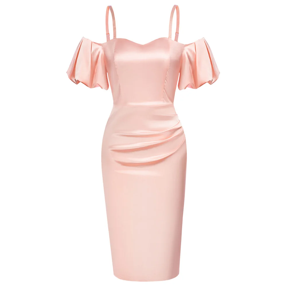 

Belle Poque Women Back Slit Satin Ruched Bodycon Dress Vintage Short Sleeve Off Shoulder Cocktail Party Wedding Guest Dresses