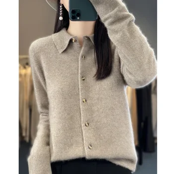 Desfile a Elegância na Primavera com o Cardigã Tricô Listrado da Sweet and Fresh S Home 9 Women's Lapel Pure Wool Cardigan Autumn And Winter New Merino Cashmere Sweater Long Sleeve Formal Knitting Top S-XXL