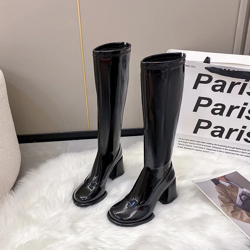 

Fashion black Knee High Boots Women 2024 Four Seasons Chunky Heels Shoes Square Toes Long Booties Botas Mujer Thigh-High Boots