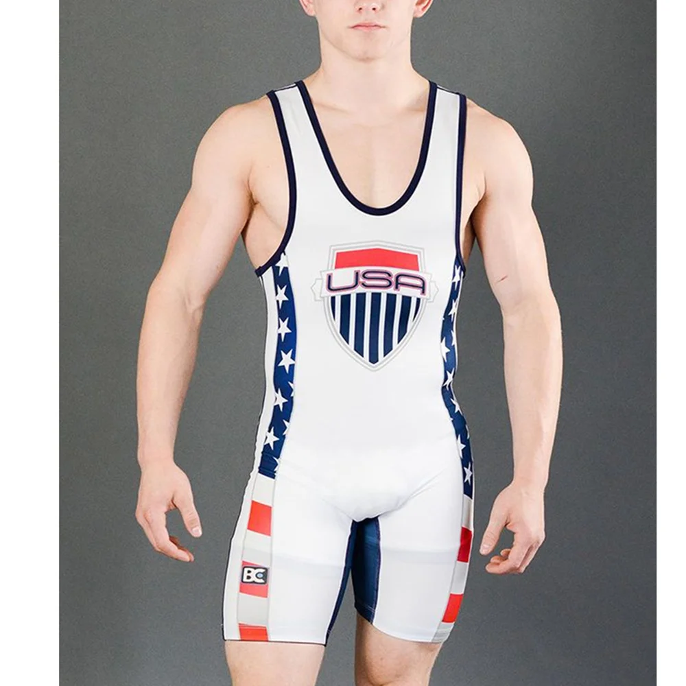 

The USA Wrestling Singlet Suit One Piece Bodysuit Professional Triathlon Skinsuit Mens High Elastic Sleeveless PowerLifting Wear