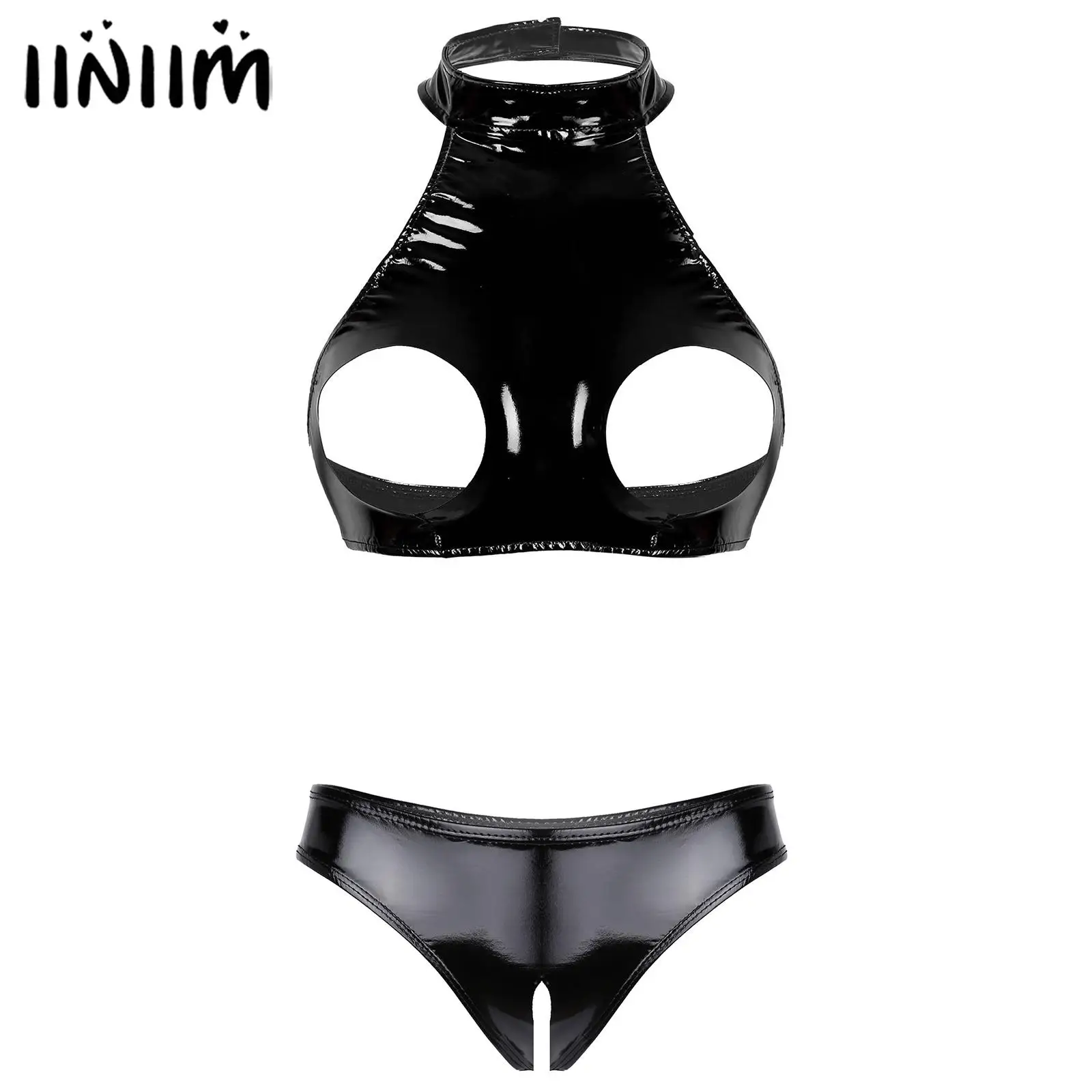 Womens Lingerie Wet Look Patent Leather Sleeveless Halter Open Bust Backless Crop Top with Open Crotch High Cut Briefs
Womens Lingerie Wet Look Patent Leather Sleeveless Halter Open Bust Backless Crop Top with Open Crotch High Cut Briefs