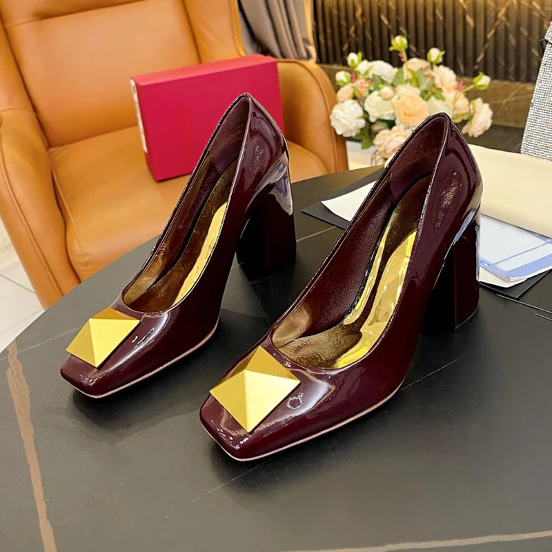 

Summer New Banquet Women High Heels Patent Leather Upper Square Toe Female Pumps Metal Rivet Decor Shallow Mouth Single Shoes