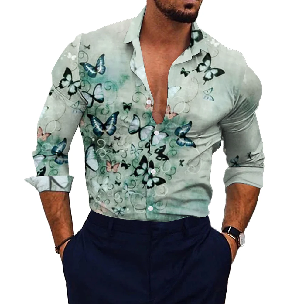 

Vibrant Mens Printed Long Sleeve Muscle Shirt Collared Button Down Shirt Casual Party T Dress Up Polyester Fabric