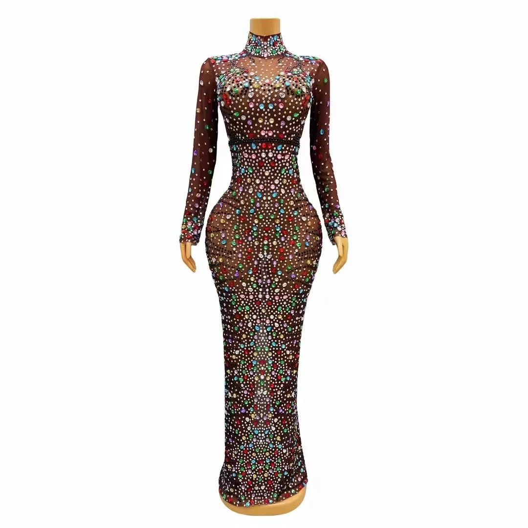 

Sparkly Colorful Rhinestones Sexy Long Sleeves Dress luxurious Evening Brown Mesh Stones Costume Party Celebrate Dresses hudie
