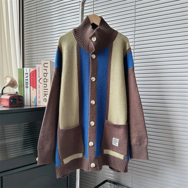 

retro contrast striped cardigans striped patchwork sweater full sleeves Japanese loose knit jacket causal coat clothing