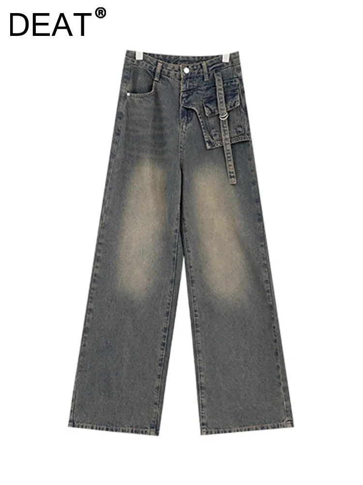 

DEAT Women's Jeans High Waist Spliced Pocket Straight Wide Leg Loose Washed Vintage Denim Pants 2023 Autumn New Fashion 29L5130