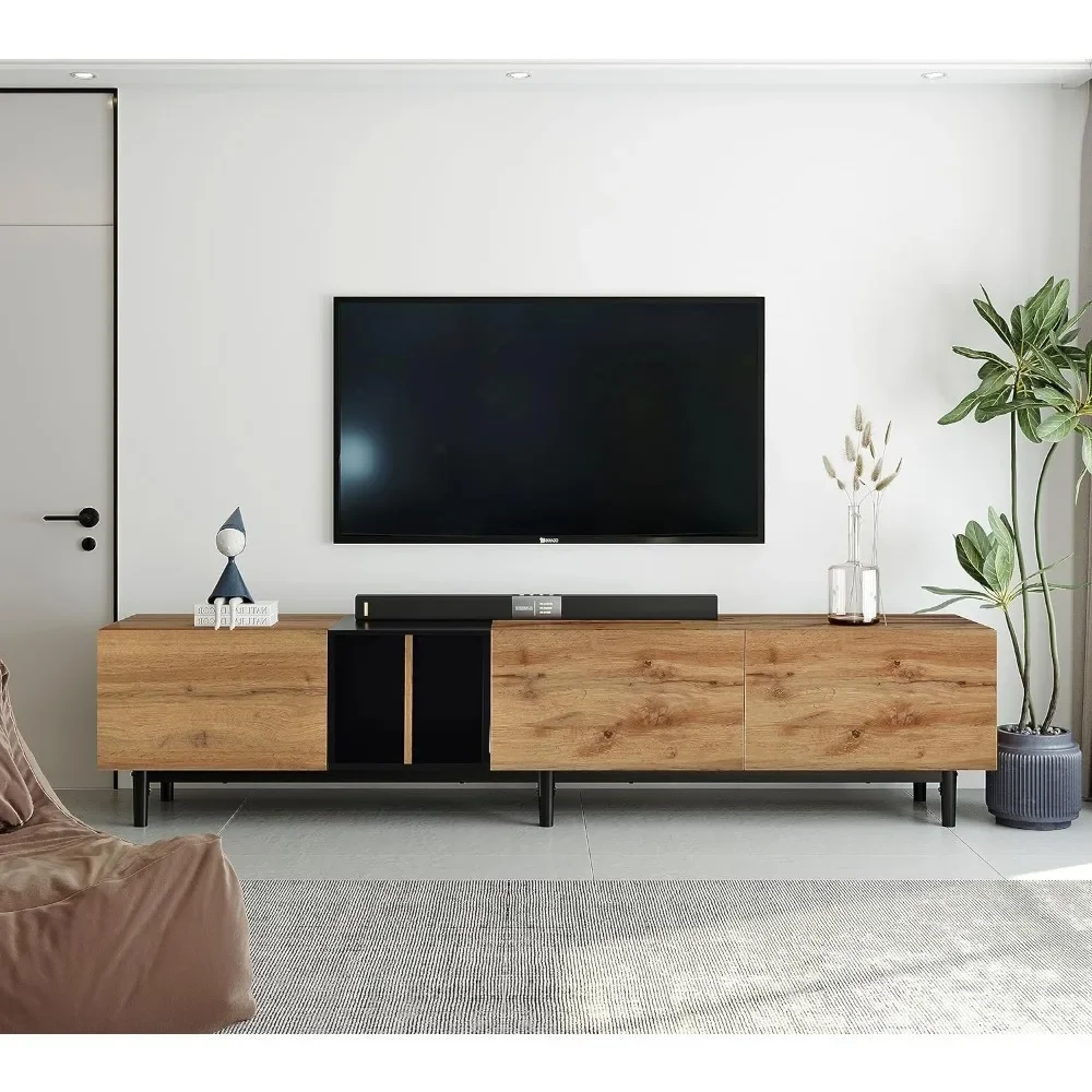 Modern TV Stand with 3 Cabinets & Open Shelves, Minimalist Wooden Entertainment Center for TVs Up to 80”, Sturdy Console 
Modern TV Stand with 3 Cabinets & Open Shelves, Minimalist Wooden Entertainment Center for TVs Up to 80”, Sturdy Console