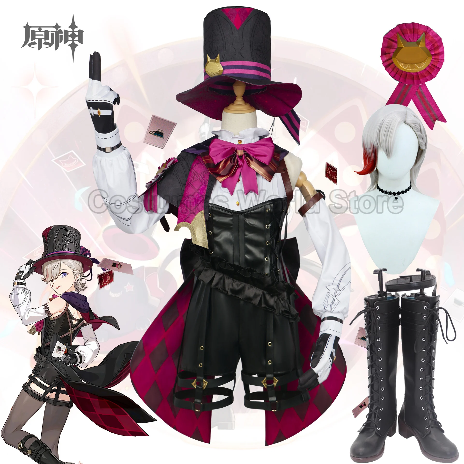

Game Lyney Cosplay Genshin Impact Costume Wig Fontaine Lyney Leather Magician Uniform Short Hair Glove Twins Halloween Carnival