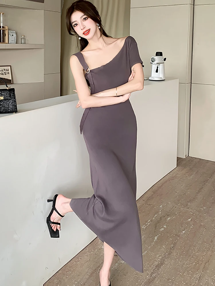 Women Solid Knitted Inclined Shoulder Sexy Long Dress Summer Elegant Bodycon Prom Clothing 2024 Korean Vintage Hepburn Vestidos
Women Solid Knitted Inclined Shoulder Sexy Long Dress Summer Elegant Bodycon Prom Clothing 2024 Korean Vintage Hepburn Vestidos
