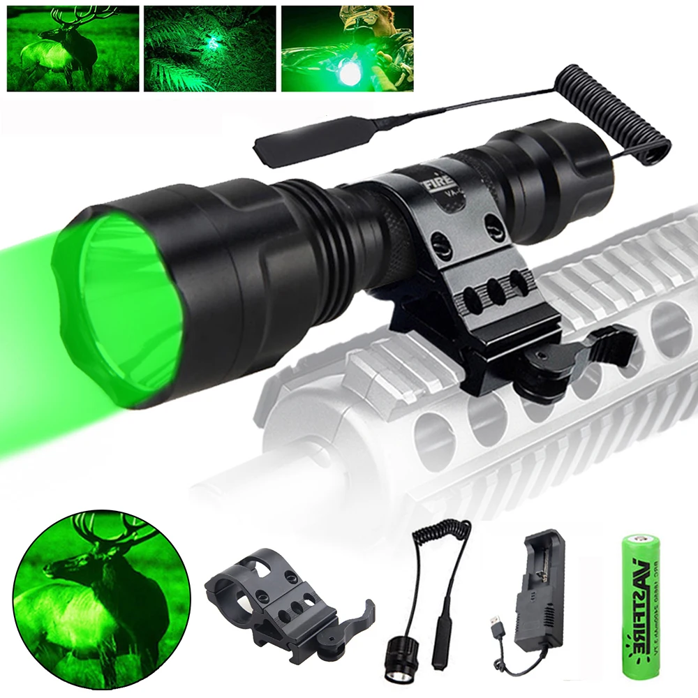 

Tactical Green/Red/White Light Hunting Flashlight Outdoor Camping Fishing Hiking Torch with Scope Mountt+Switch+18650+Charger