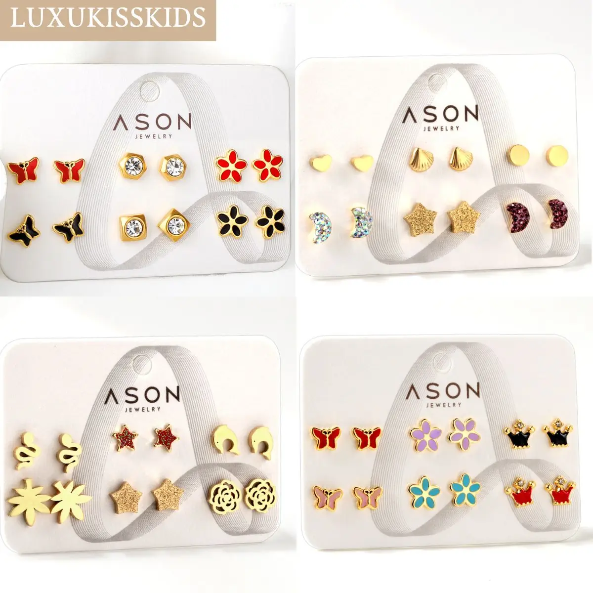 LUXUKISSKIDS Moon And Star Studs Colorful Butterfly Crown Earrings 6pairs/Card Stainless Steel Gold Color Small Set of серьги
LUXUKISSKIDS Moon And Star Studs Colorful Butterfly Crown Earrings 6pairs/Card Stainless Steel Gold Color Small Set of серьги