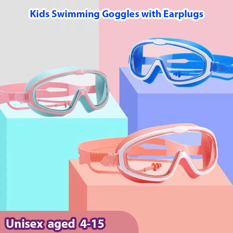 

Kids Swimming Goggles with Earplugs Children's Anti-fog Big Frame Swimming Glasses Boys Girls Pool Beach Eyewear