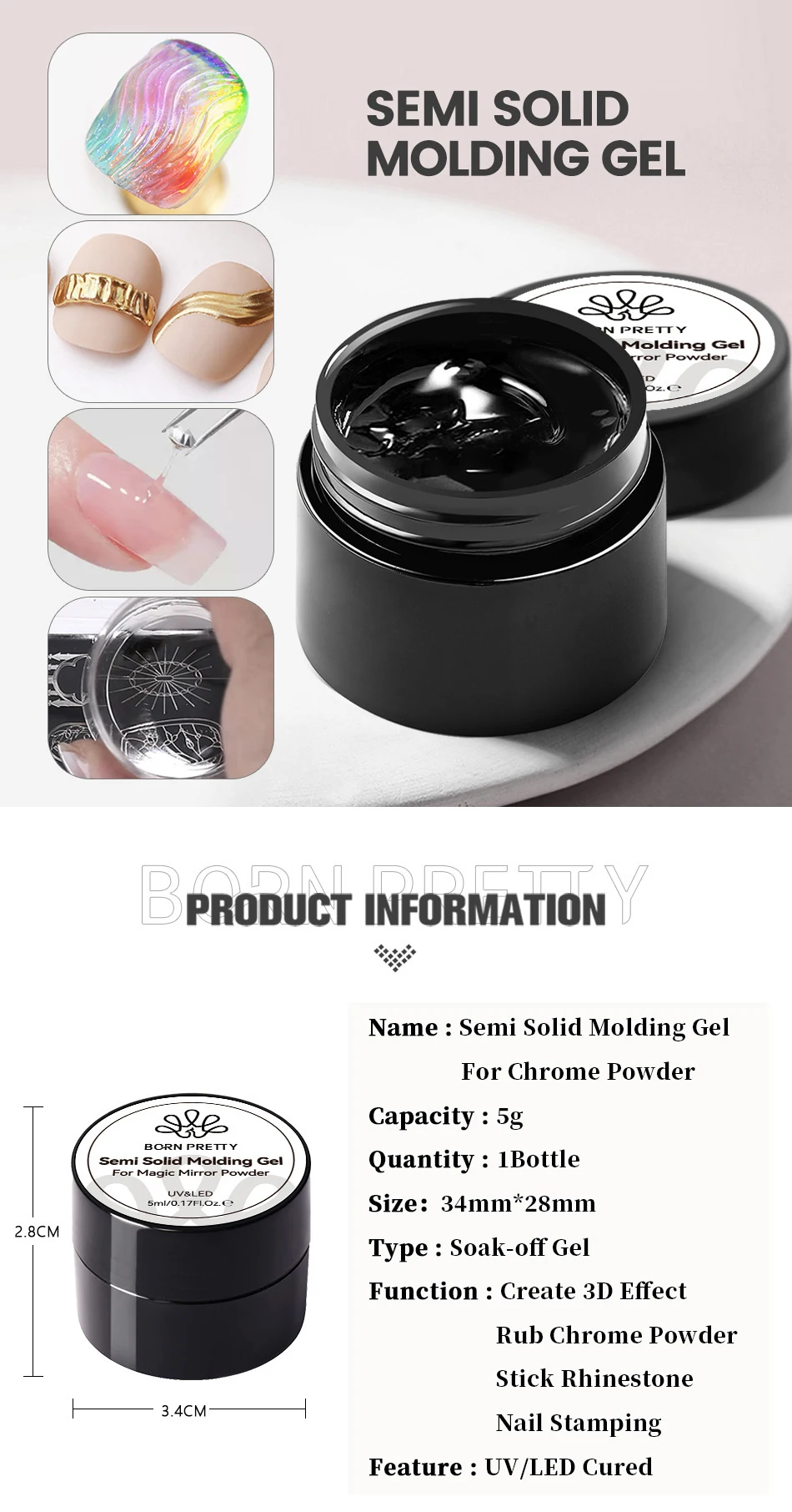 BORN PRETTY 5g Semi Solid Modeling Gel for Chrome Powder 3D Transparent Sculpting Nail Art Gel Multi-functional 4 in 1 UV Gel 1 S189cce72bae4422bad79ff03df9d221fV